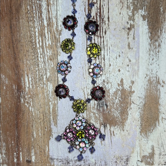Liz Palacios Purple Pink Green Aurora Borealis Crystal Flower Pendant Necklace